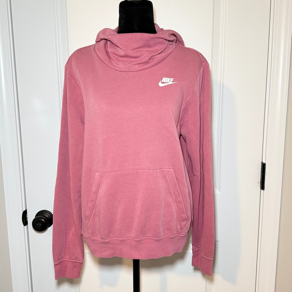 Nike Sportswear Essential Women Pink Funnel Neck Hoodie Fleece Pullover Medium